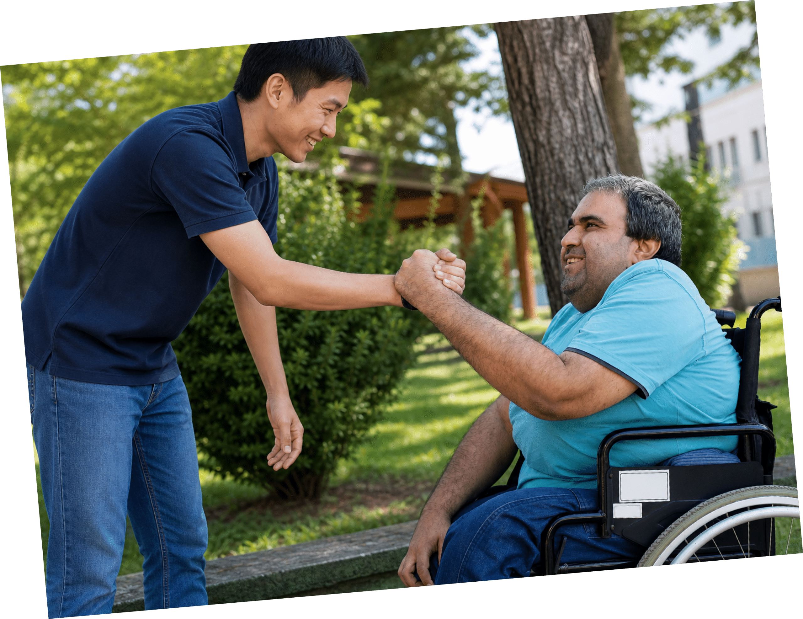 MDH staff member assisting an individual using a wheelchair outdoors