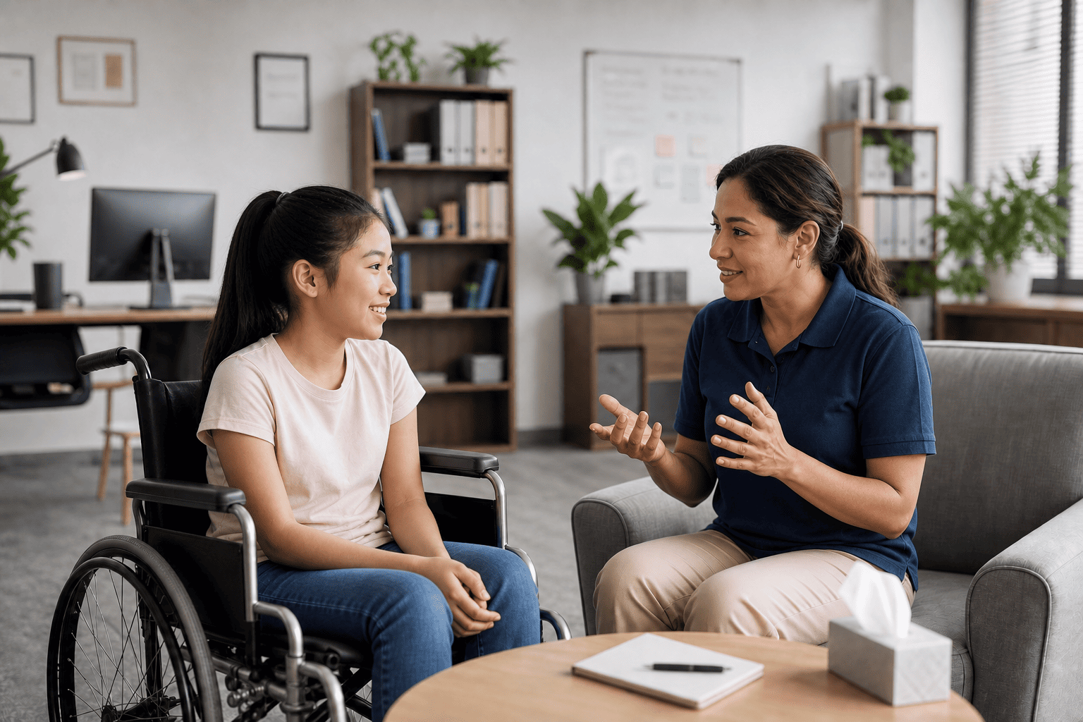 Person using a wheelchair with support staff